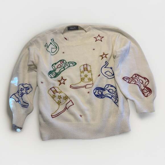 Blue M Sweaters - Cowgirl Motif Embroidered Sweater Western Country Southwestern Whimsy Prairie S
